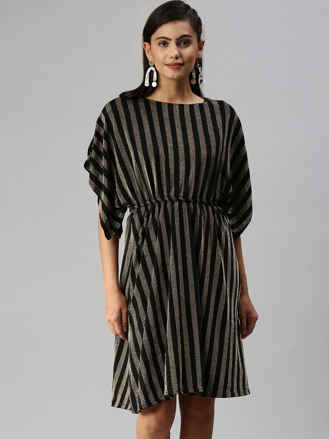 

SHOWOFF Round Neck Striped A-Line Cotton Dress, Black