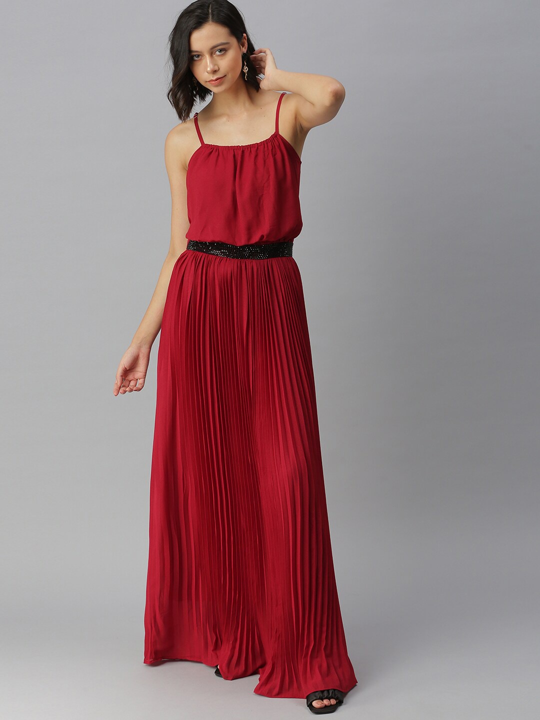 

SHOWOFF Shoulder Straps Accordion Pleats Embellished Georgette Fit And Flare Maxi Dress, Maroon