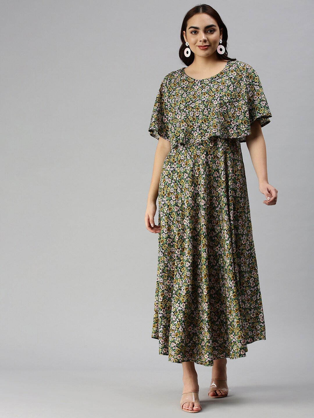 

SHOWOFF Floral Printed Cape Sleeves A-Line Maxi Dress, Green