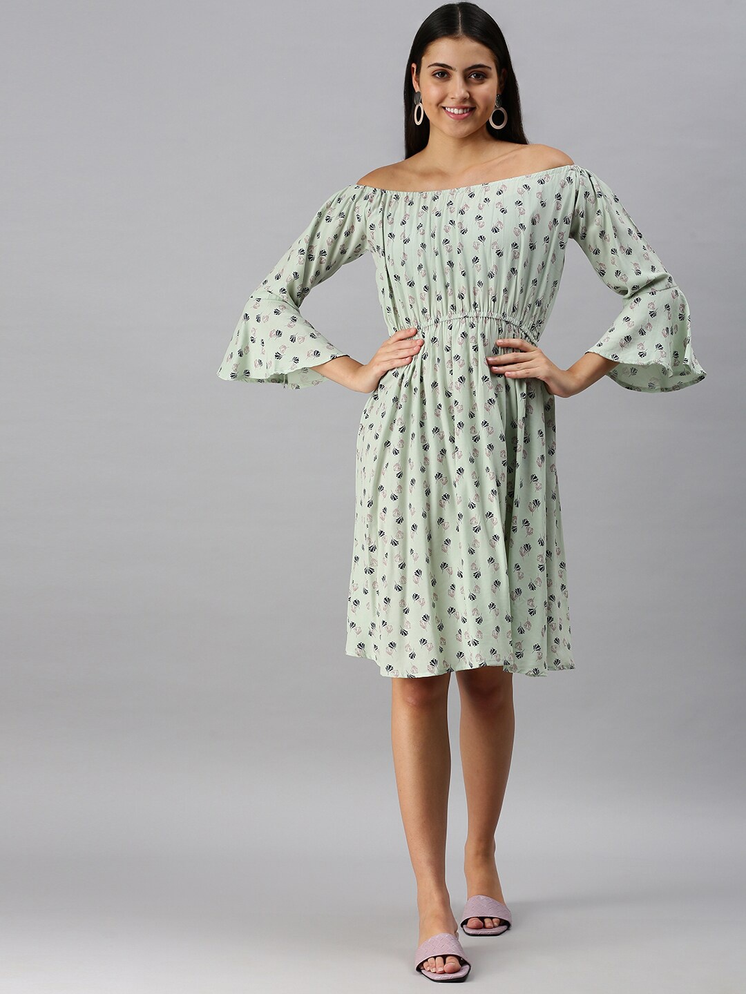 

SHOWOFF Off-Shoulder Conversational Printed Crepe A-Line Dress, Green
