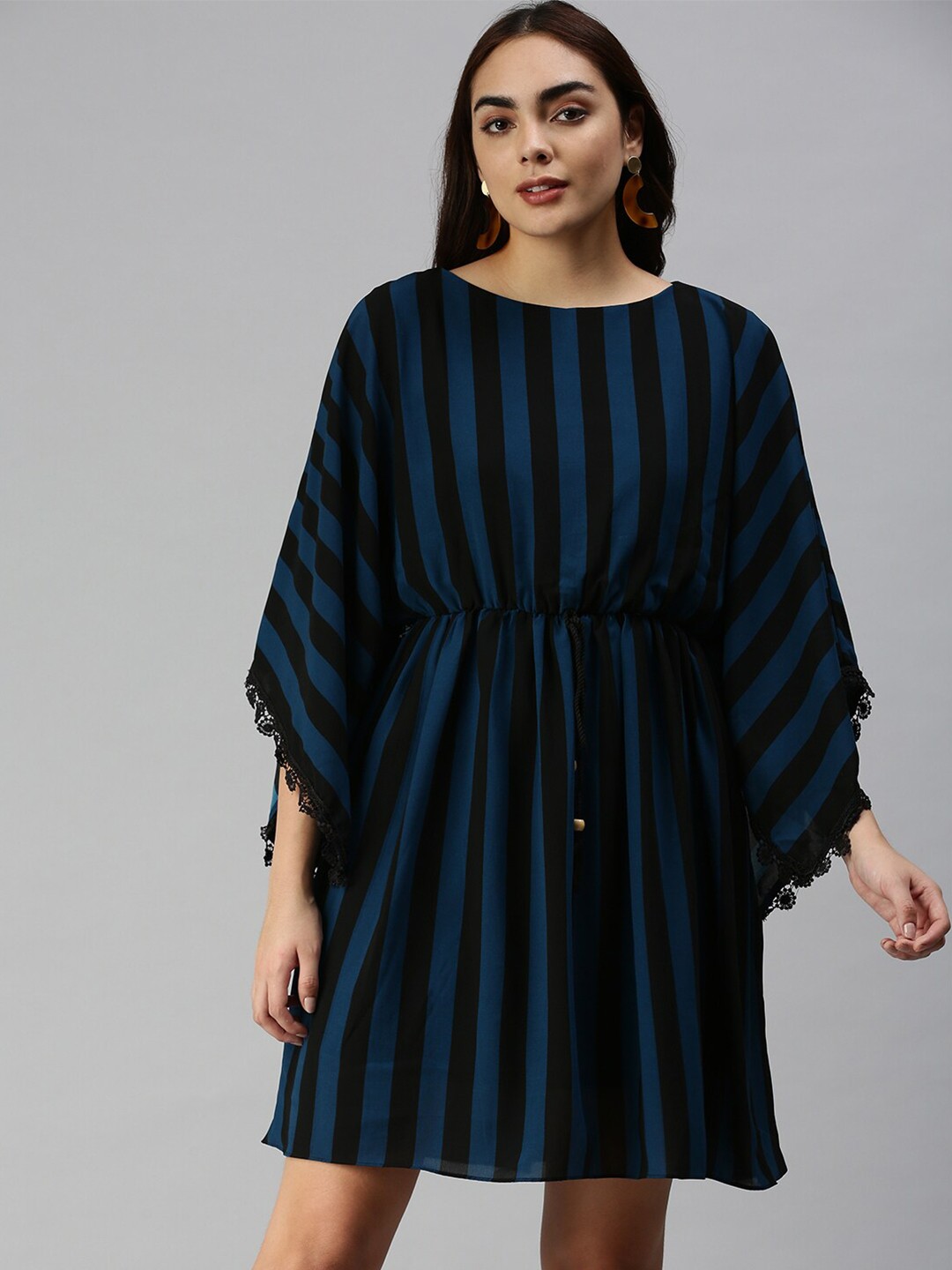 

SHOWOFF Striped Kaftan Mini Dress, Black
