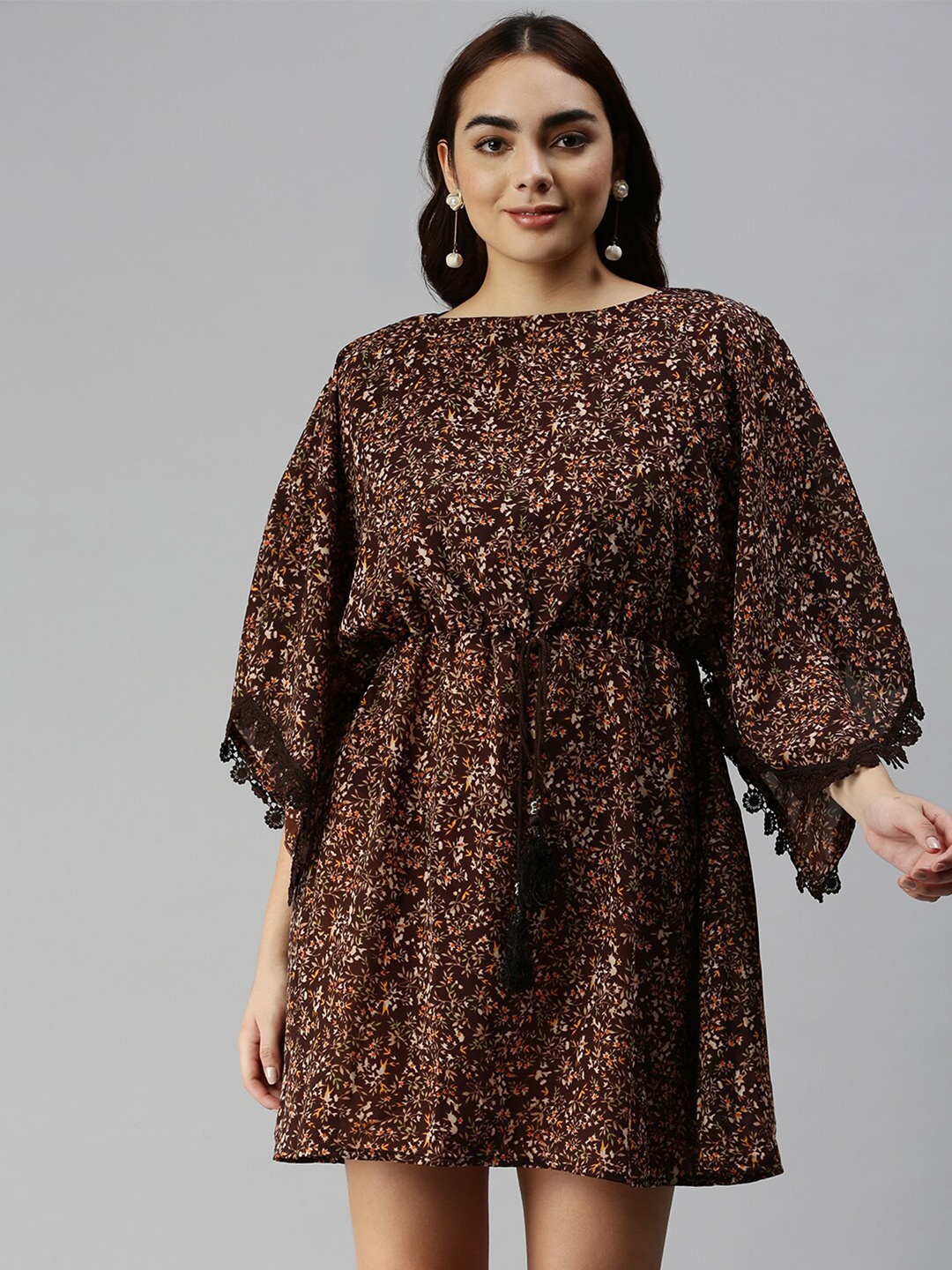 

SHOWOFF Floral Printed Kaftan Mini Dress, Brown