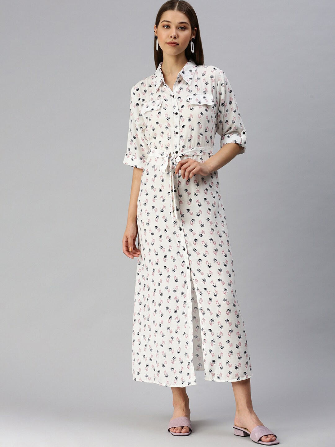 

SHOWOFF Shirt Collar Floral Printed Shirt Style Dress With Belt, White