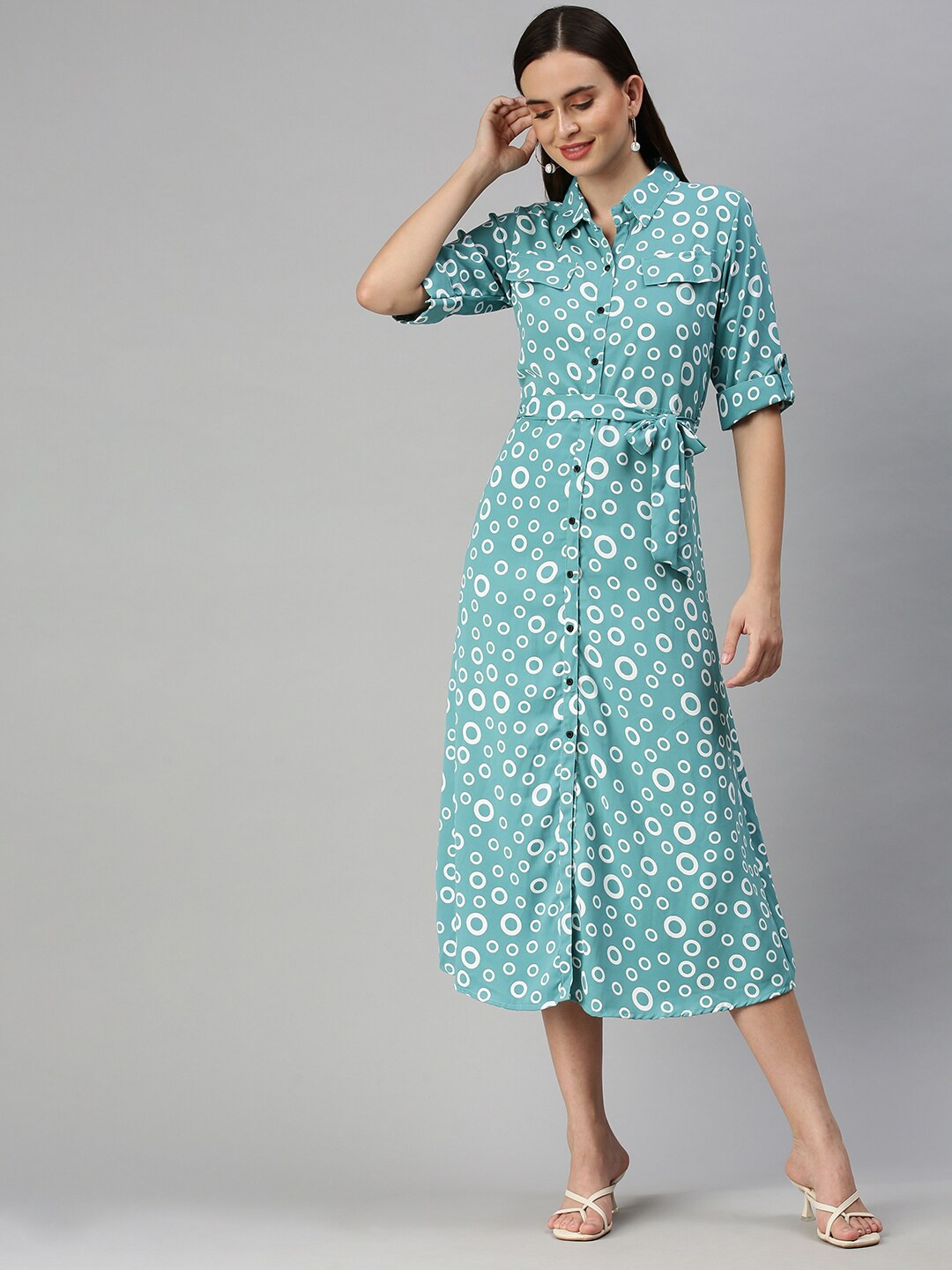 

SHOWOFF Shirt Collar Geometric Printed Shirt Style Dress With Belt, Sea green