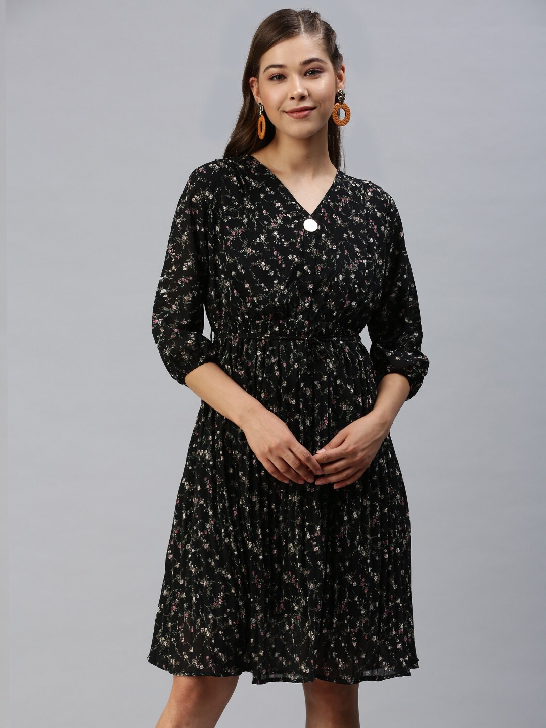 

SHOWOFF V-Neck Floral Printed Fit and Flare Georgette Dress, Black