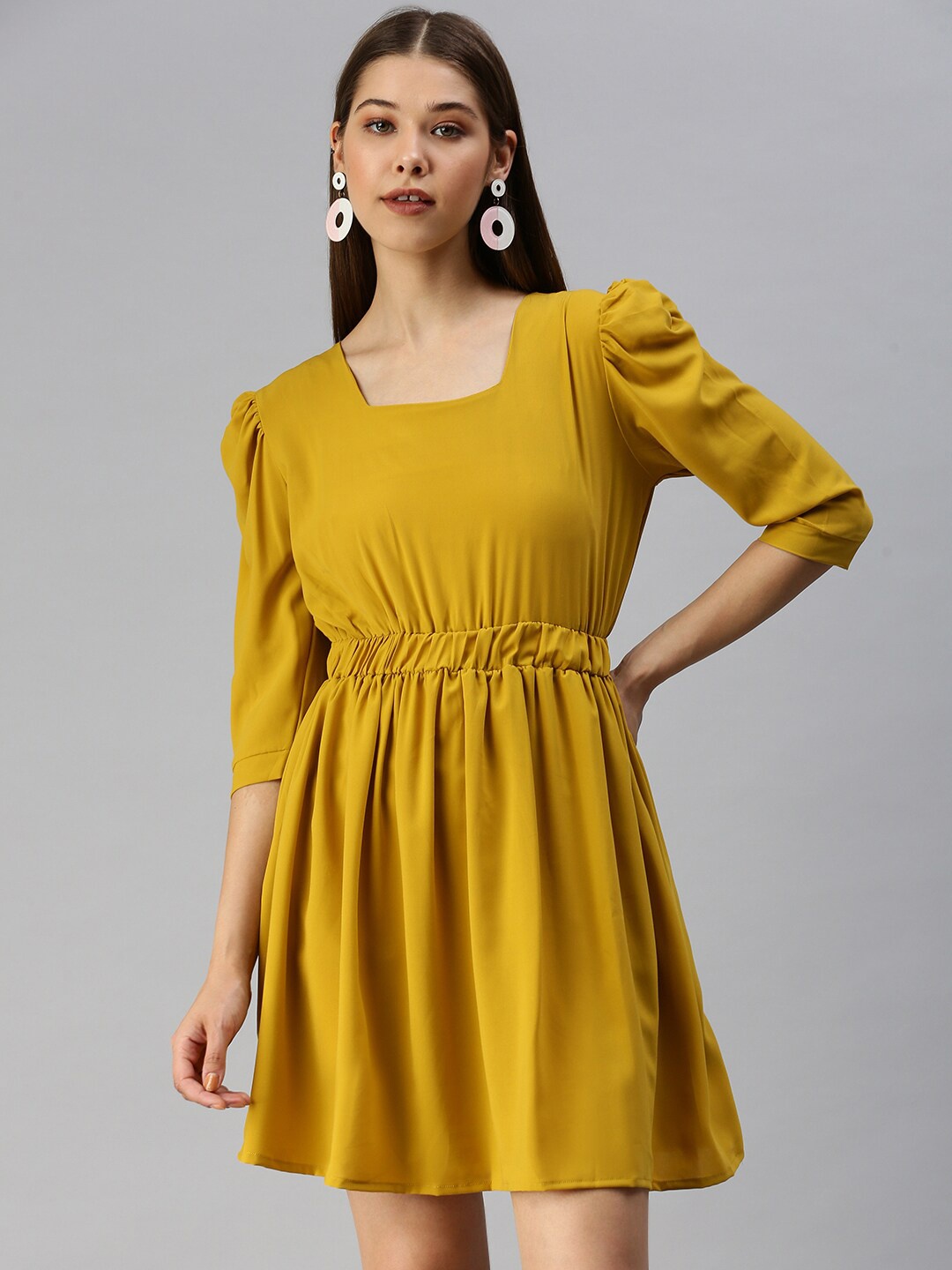 

SHOWOFF Square Neck Gathered Crepe Mini Fit And Flare Dress, Mustard
