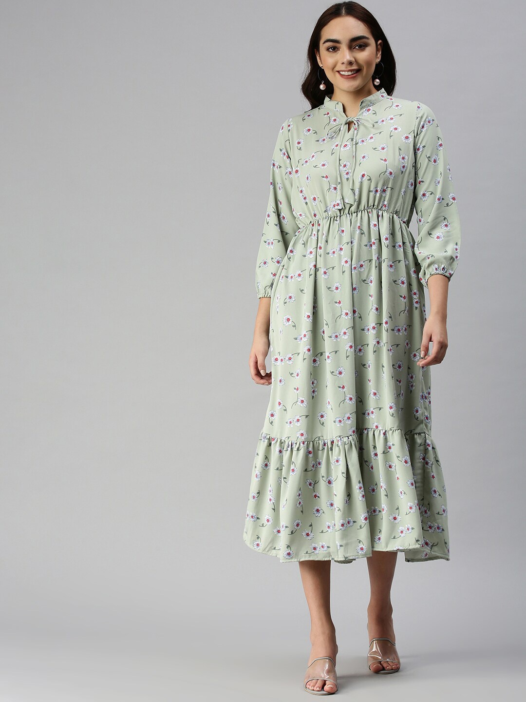 

SHOWOFF Floral Printed Tie-Up Neck Fit & Flare Midi Dress, Green