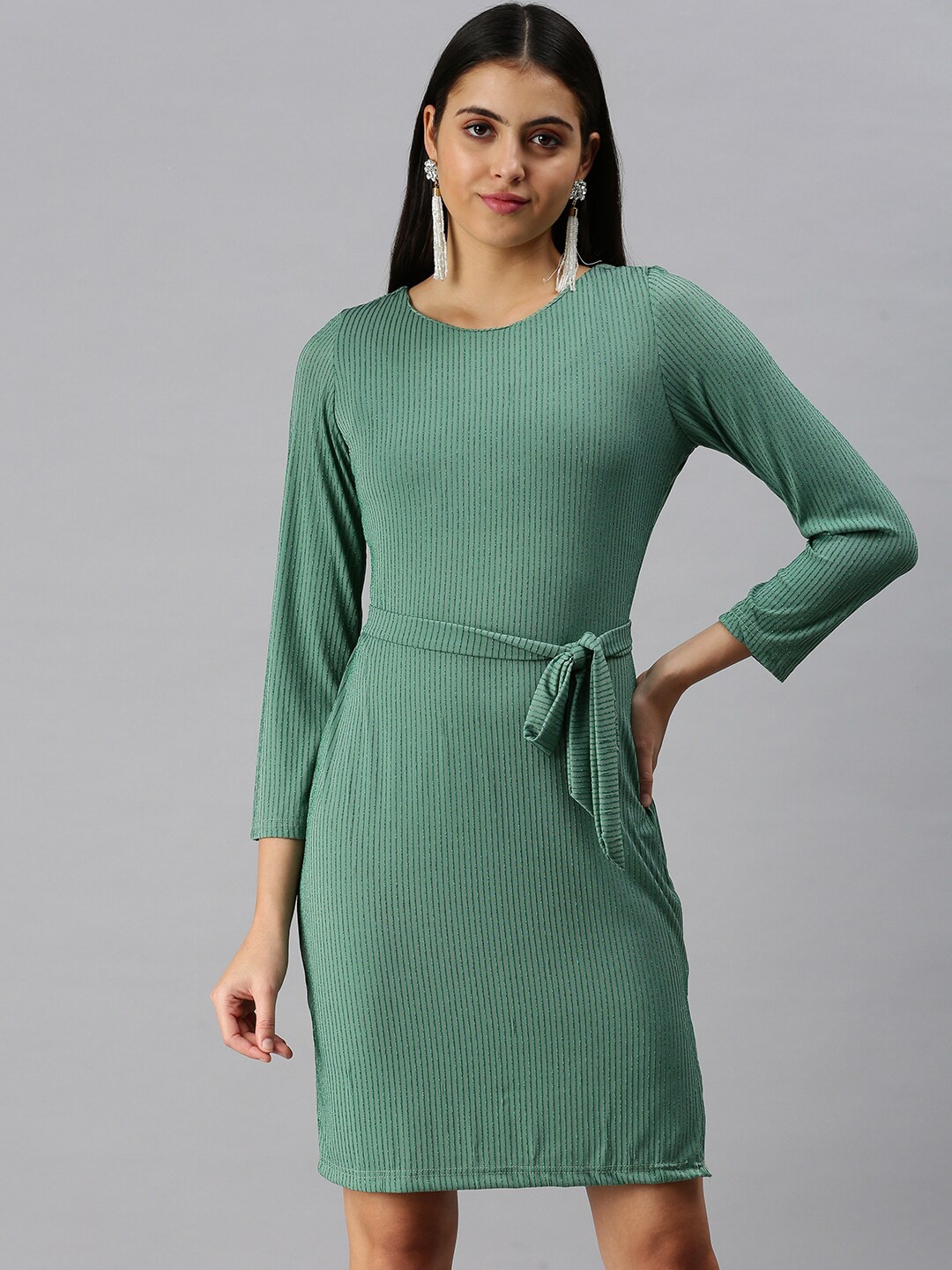 

SHOWOFF Round Neck Striped Sheath Dress With Belt, Green