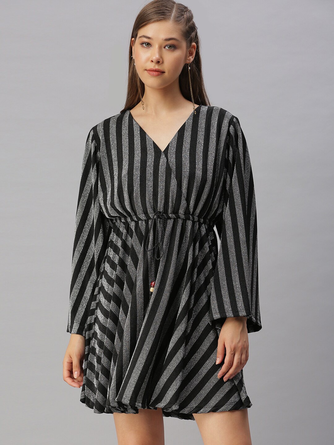 

SHOWOFF Striped V-Neck Fit & Flare Mini Dress, Grey
