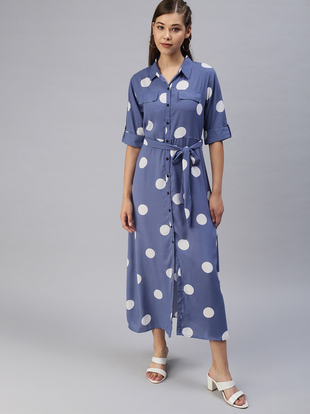 

SHOWOFF Polka Dots Printed Crepe Shirt Style Midi Dress With Belt, Blue