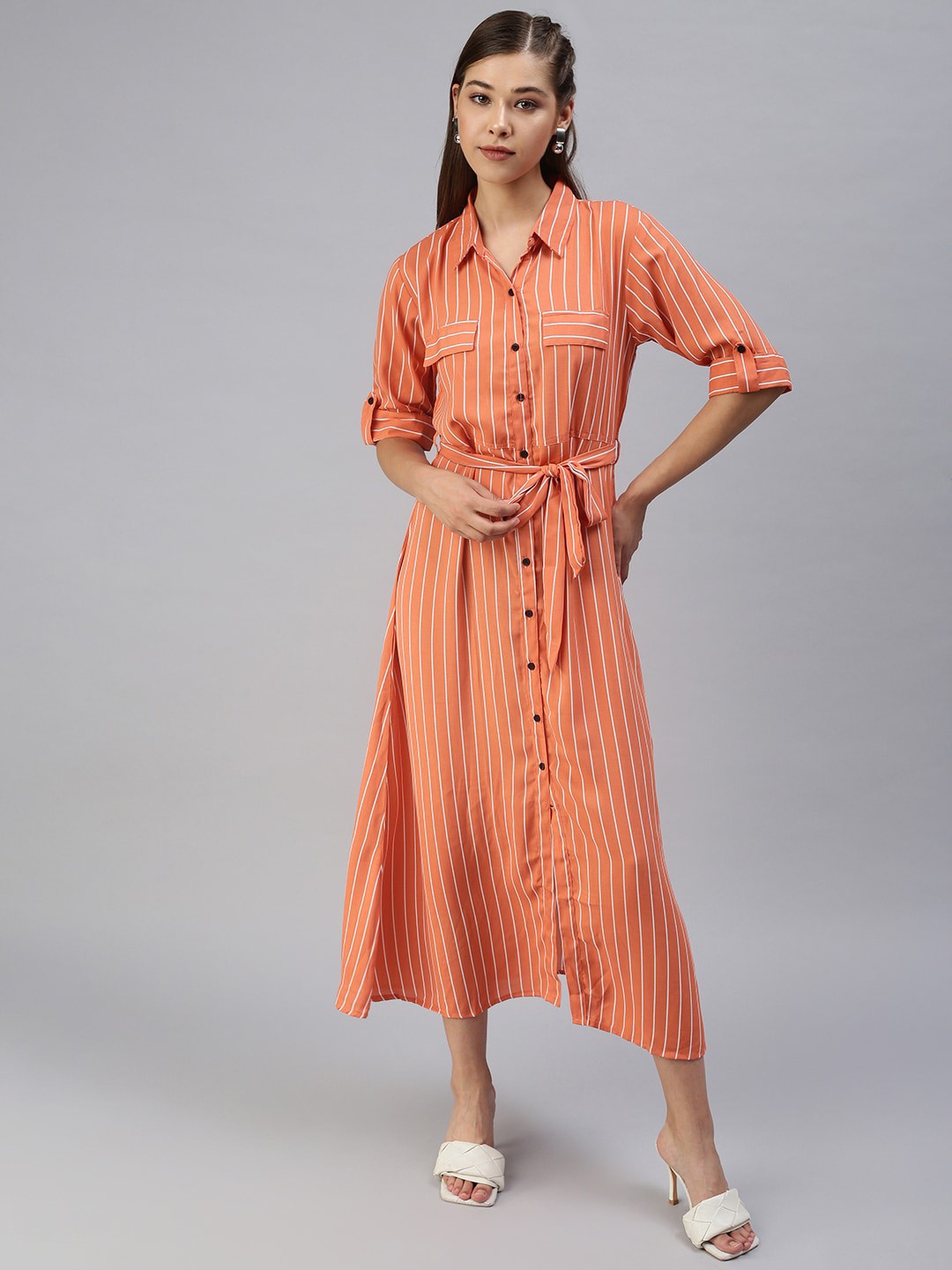 

SHOWOFF Striped Shirt Midi Dress, Orange