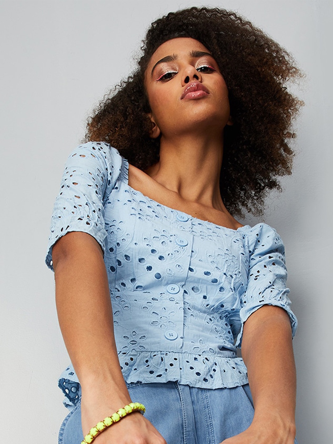 

max Self Design Smocked Schiffli Top, Blue