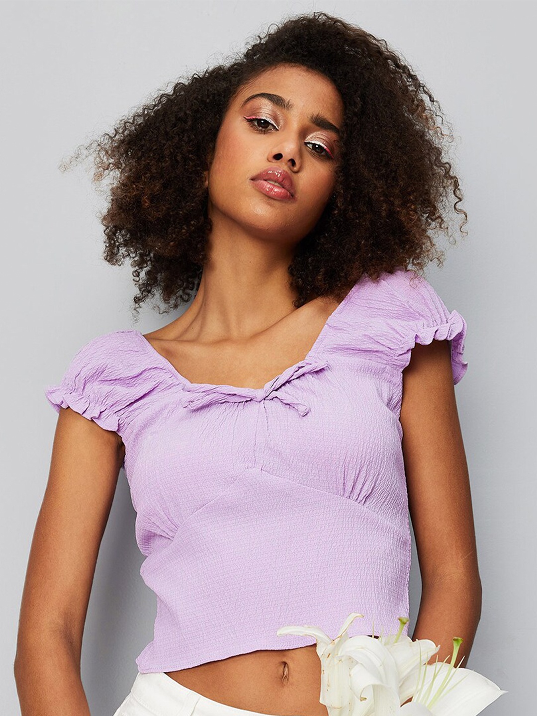 

max Self Design Extended Sleeves Crop Top, Purple