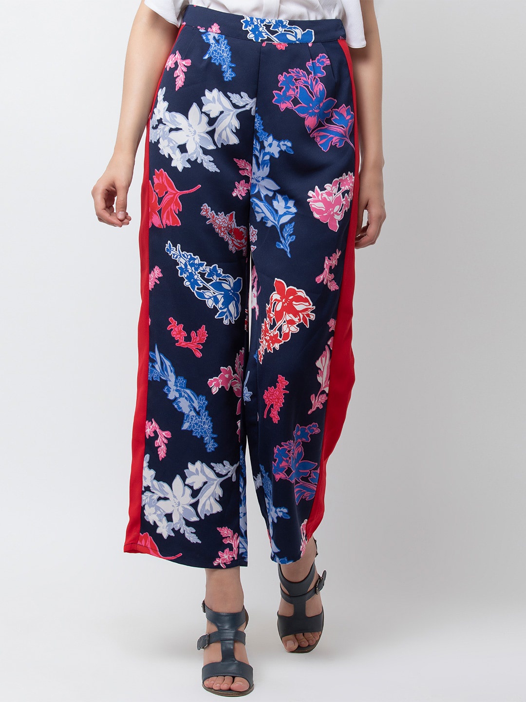 

DODO & MOA Women Floral Printed Mid-Rise Parallel Trousers, Navy blue