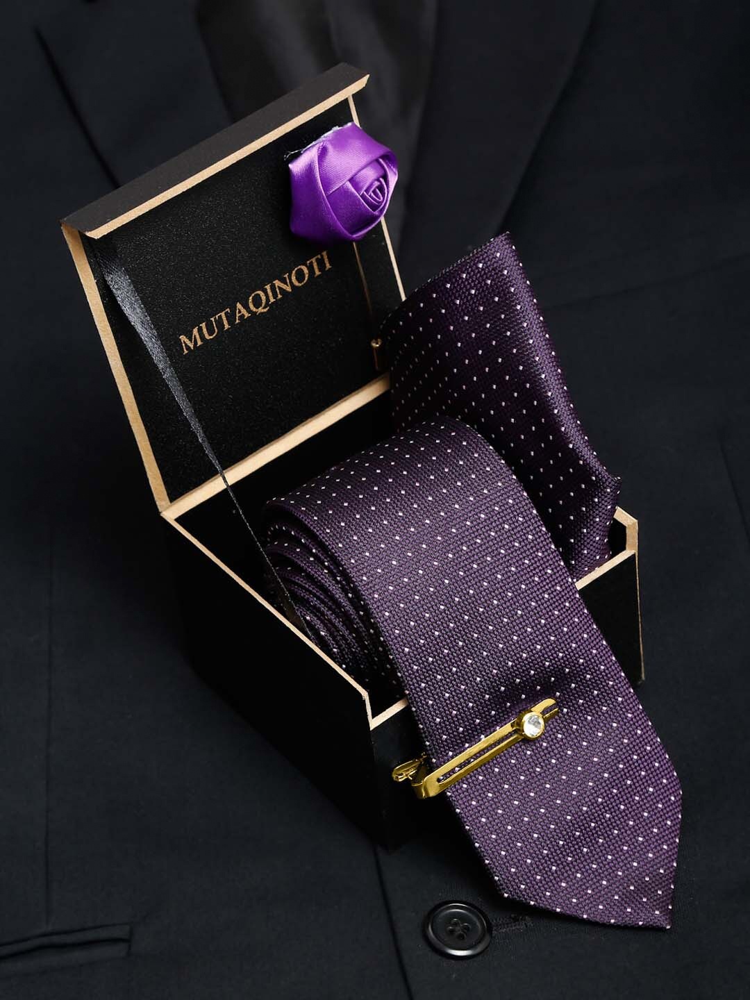 

MUTAQINOTI Men Set Of 4 Silk Formal Accessory Gift Set, Purple