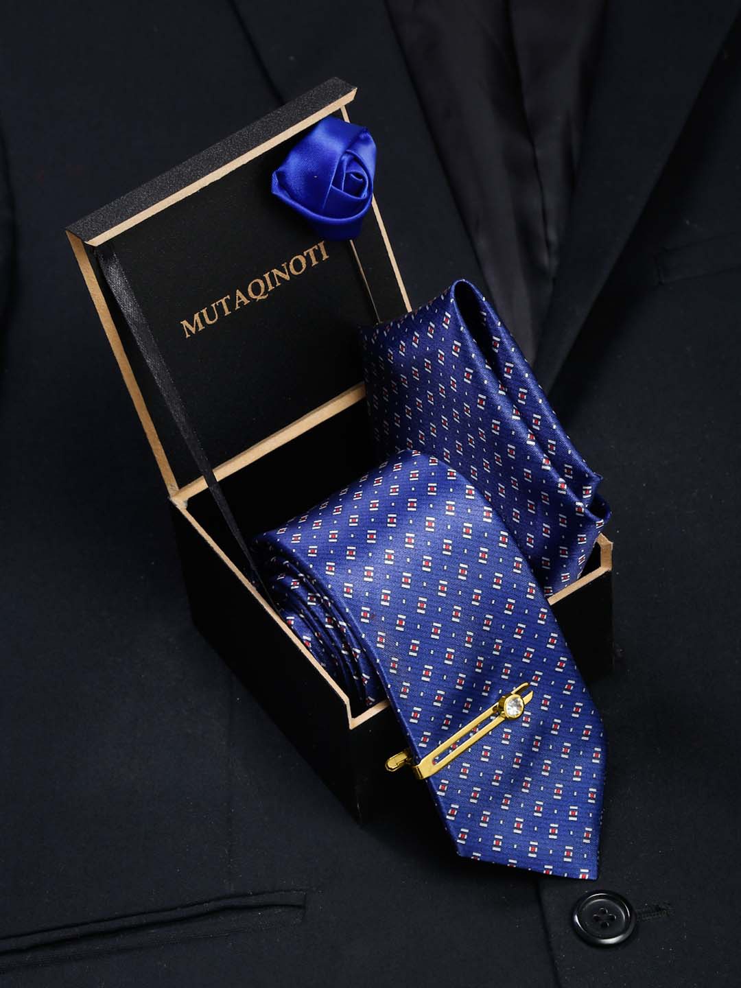 

MUTAQINOTI Men Printed Silk Accessory Gift Set, Blue