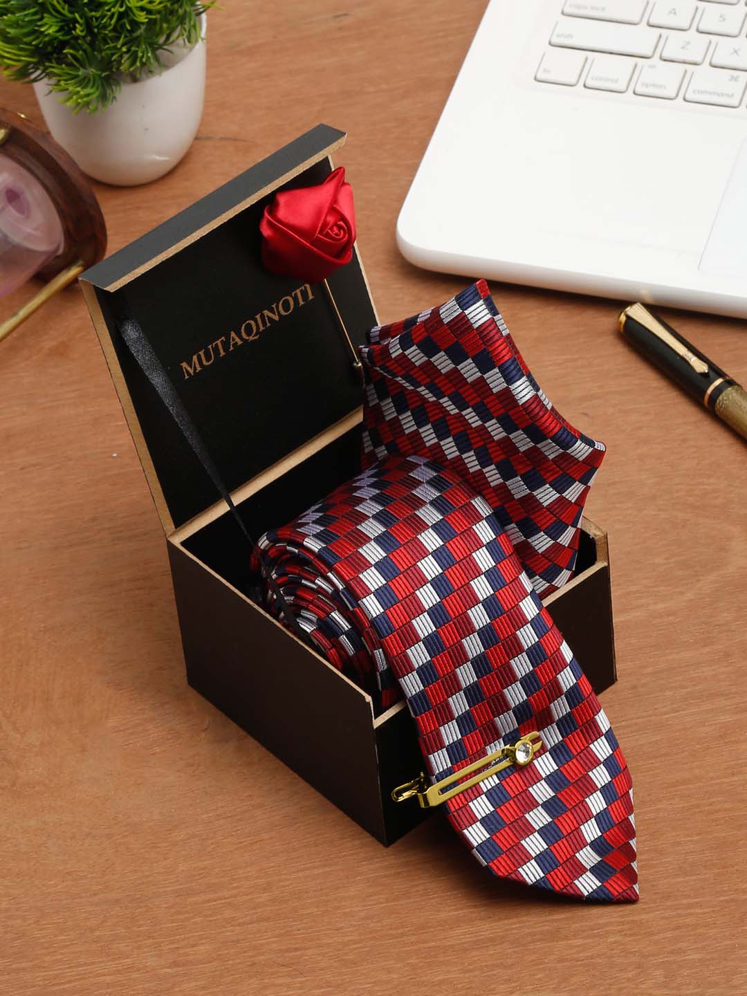 

MUTAQINOTI Men Printed Silk Necktie Accessory Gift Set, Red