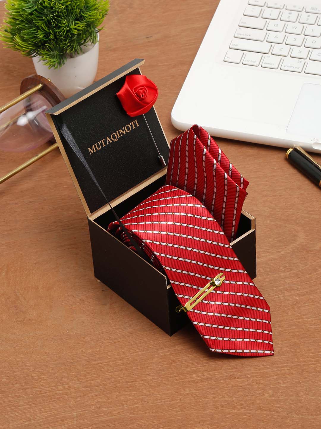 

MUTAQINOTI Men Printed Silk Necktie Accessory Gift Set, Red