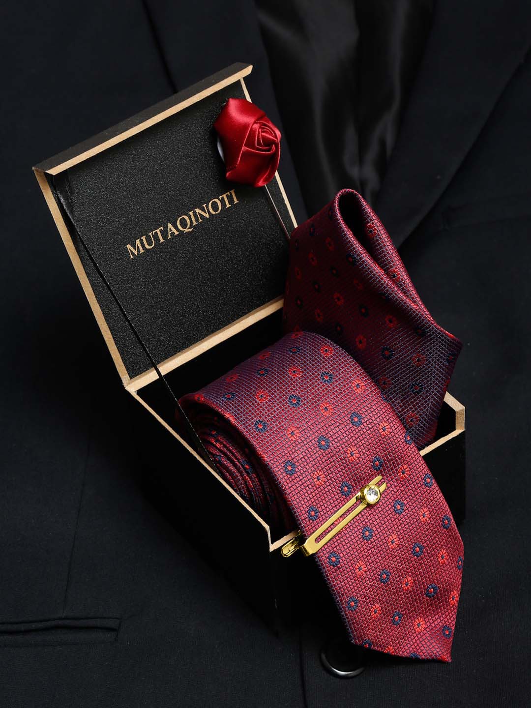 

MUTAQINOTI Men Printed Silk Necktie Accessory Gift Set, Red