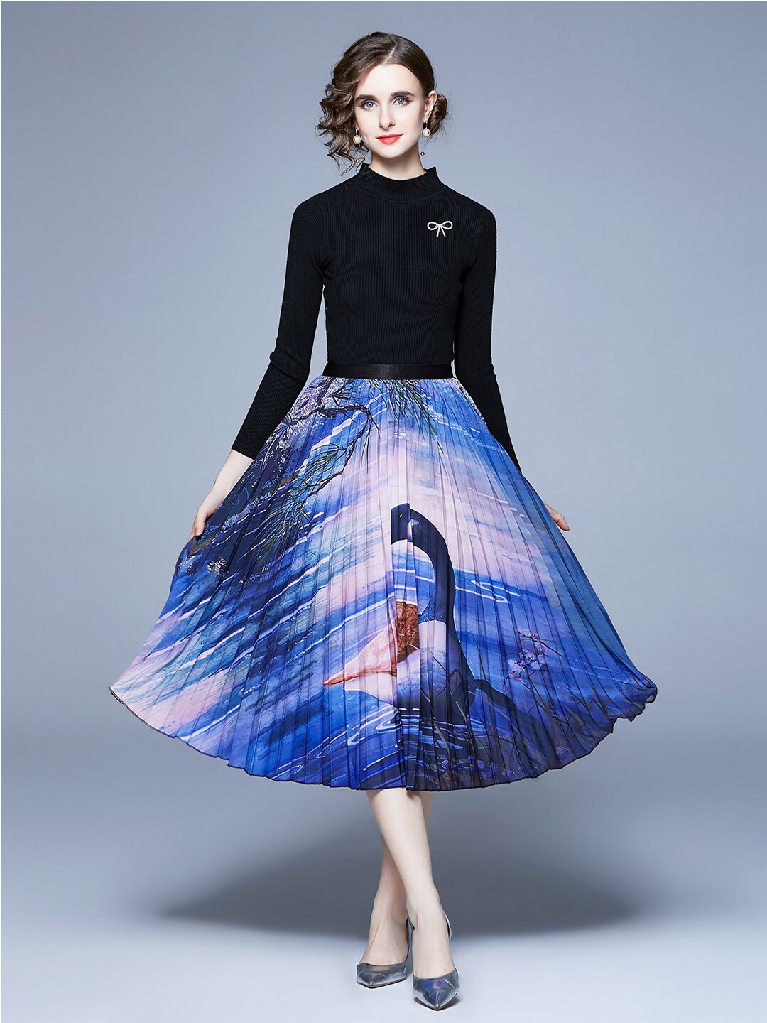 

JC Collection Round Neck Top with Skirt, Black