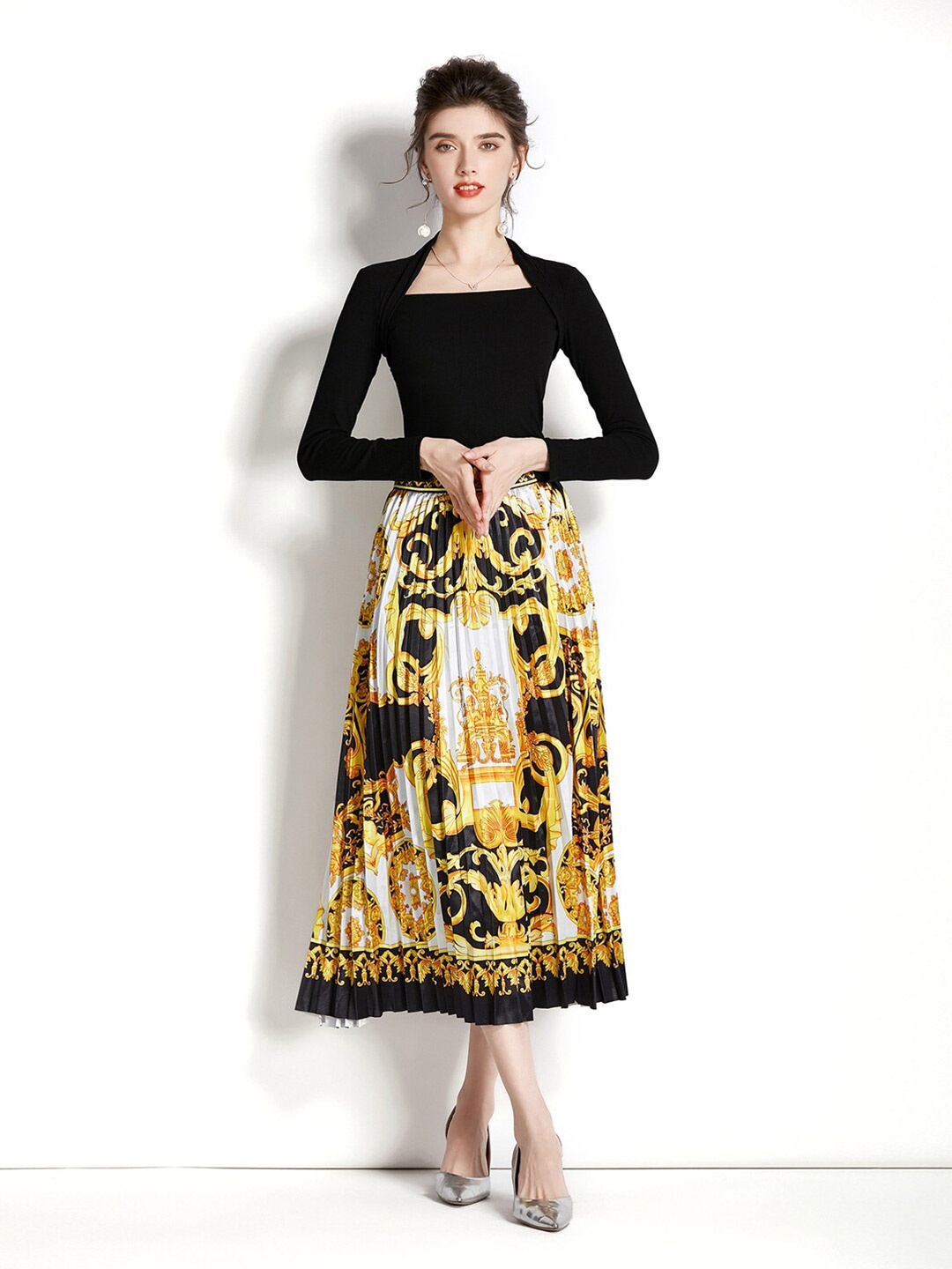 

JC Collection Women Printed Top with Skirt, Black