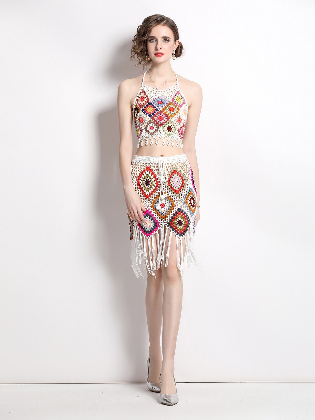 

JC Collection Floral Self Design Halter Neck Top with Skirt, White