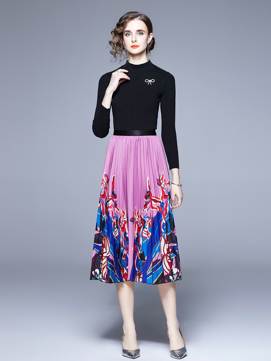 

JC Collection Women Printed Top with Skirt, Black