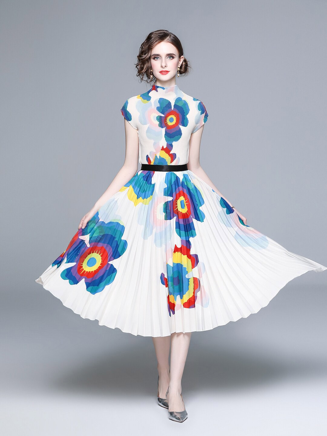 

JC Collection Floral Printed High Neck Short Sleeves Top with Skirt Co-Ords, White