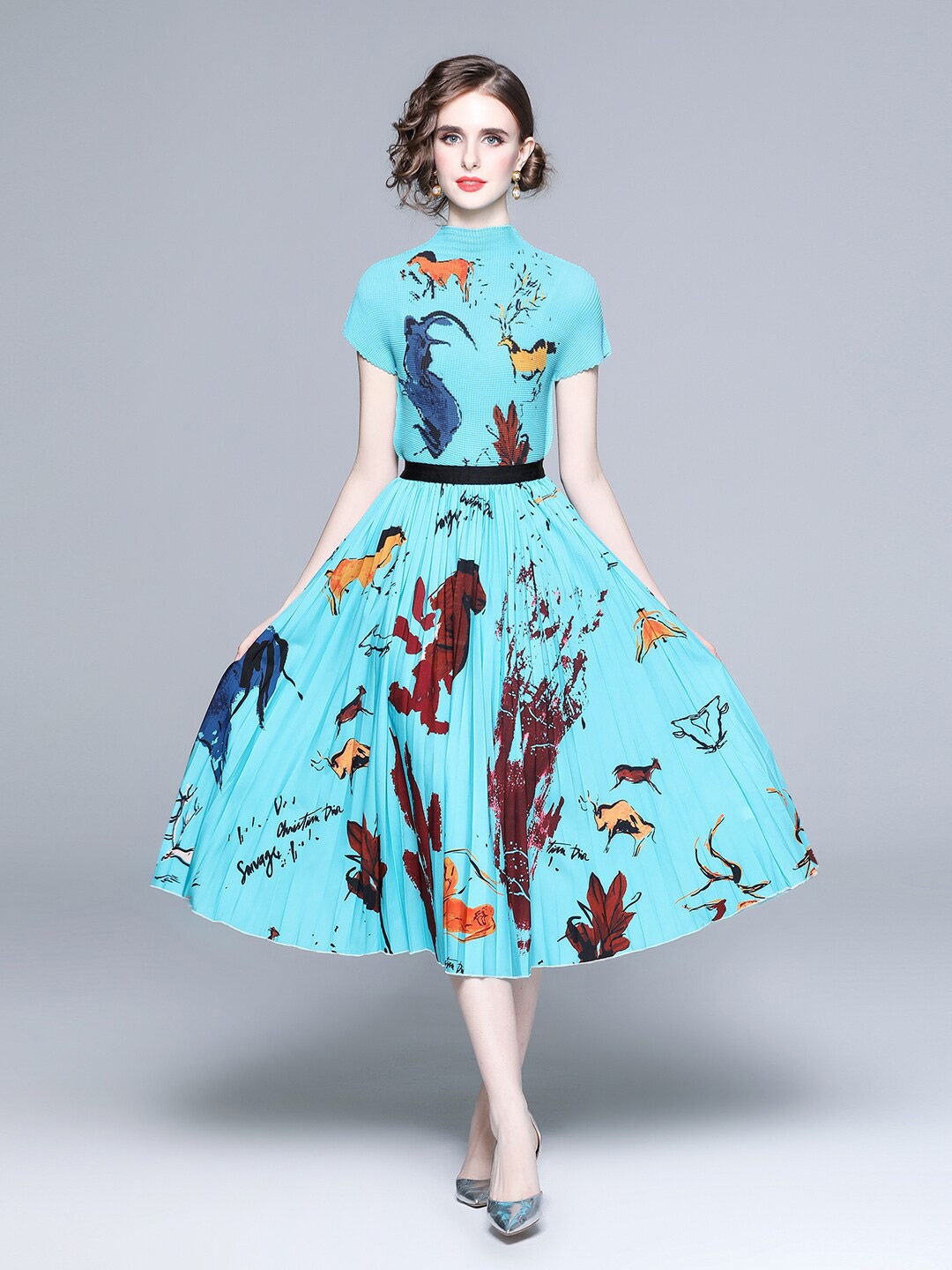 

JC Collection Printed High Neck Short Sleeves Top With Skirt Co-Ords, Turquoise blue