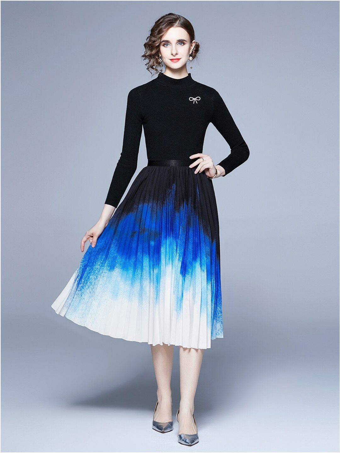 

JC Collection Round Neck Printed Top with Skirt, Black