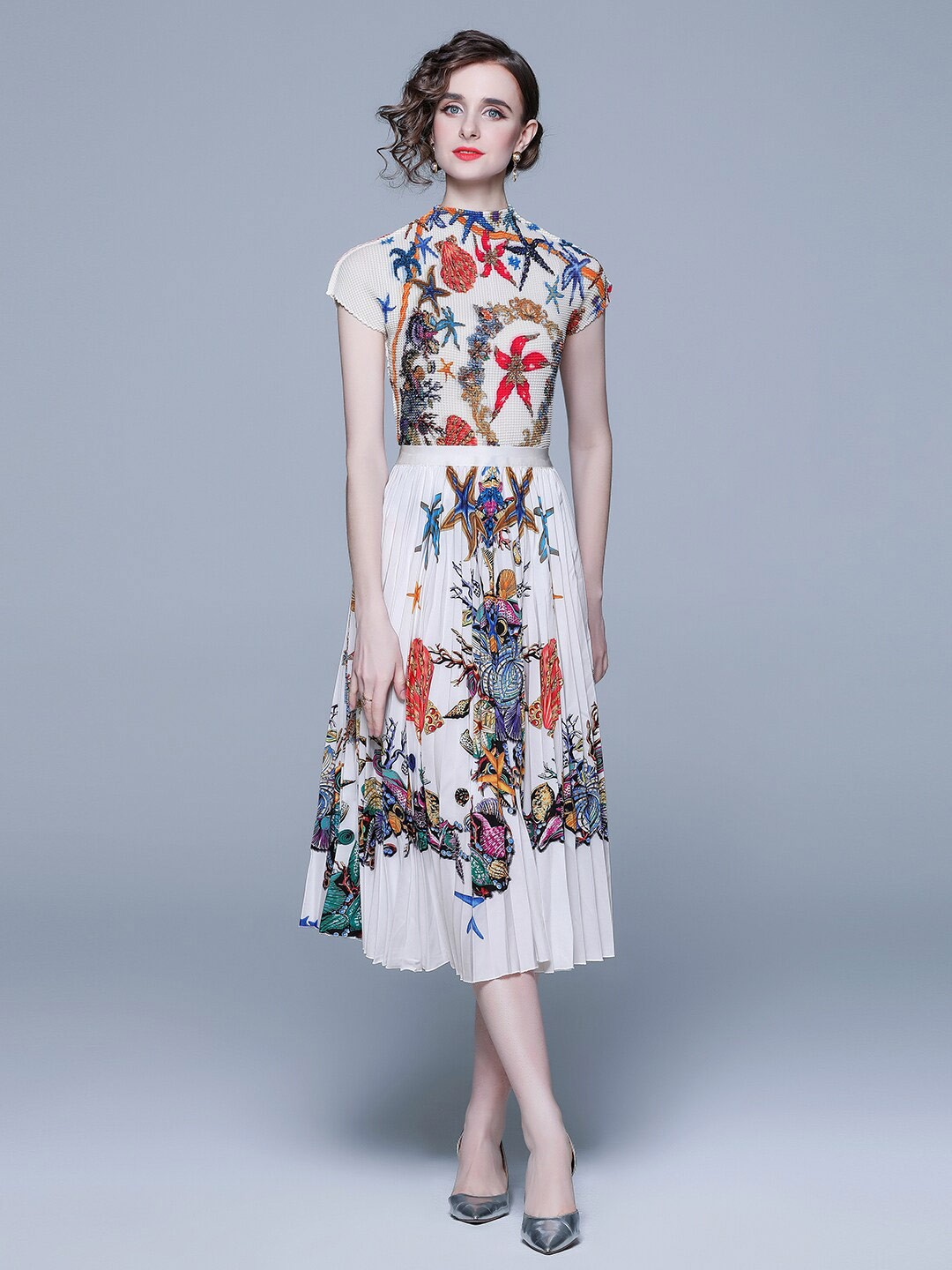 

JC Collection Women Printed Round Neck Top With Skirt, White
