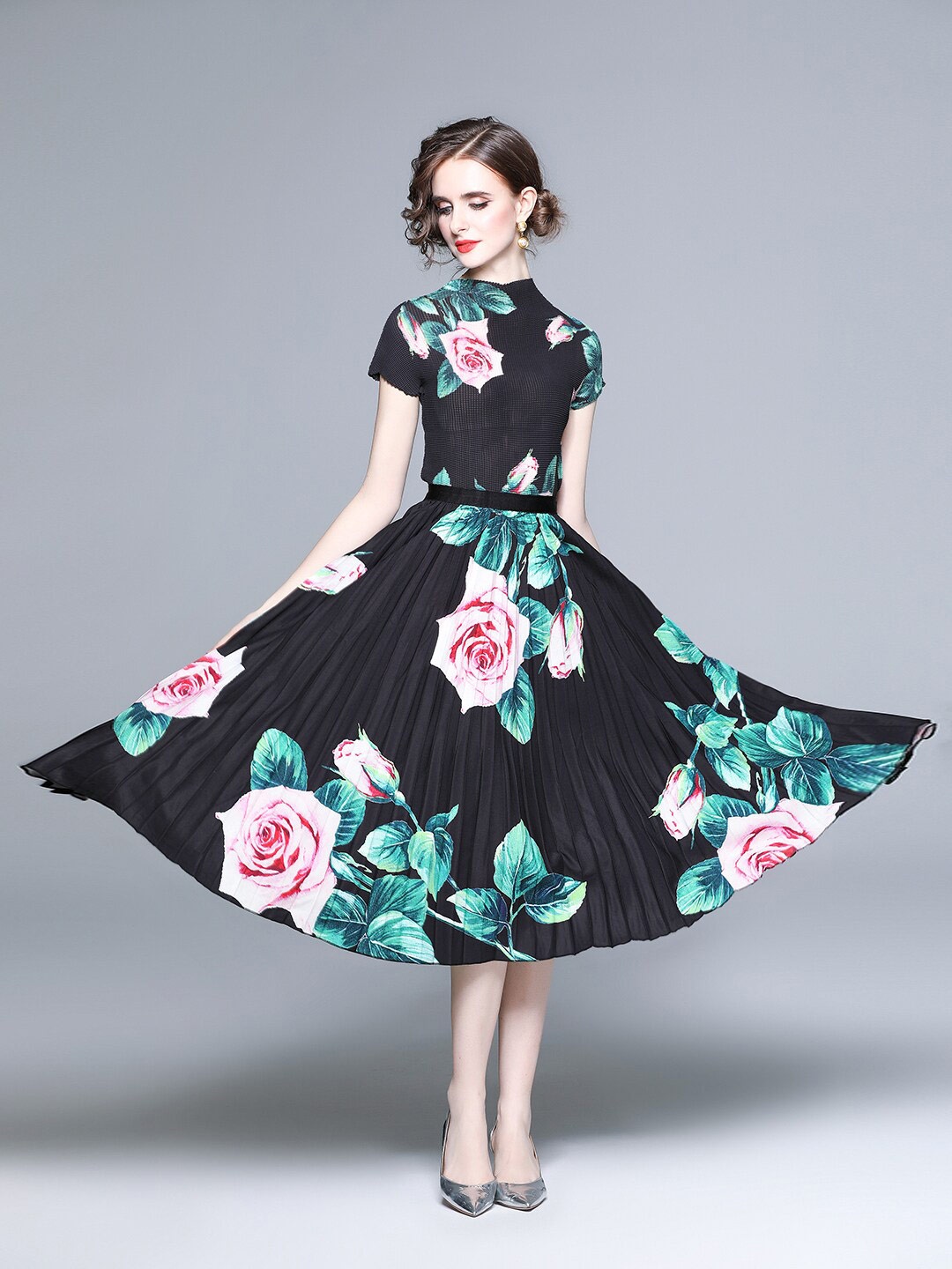 

JC Collection Floral Printed Top with Skirt, Black