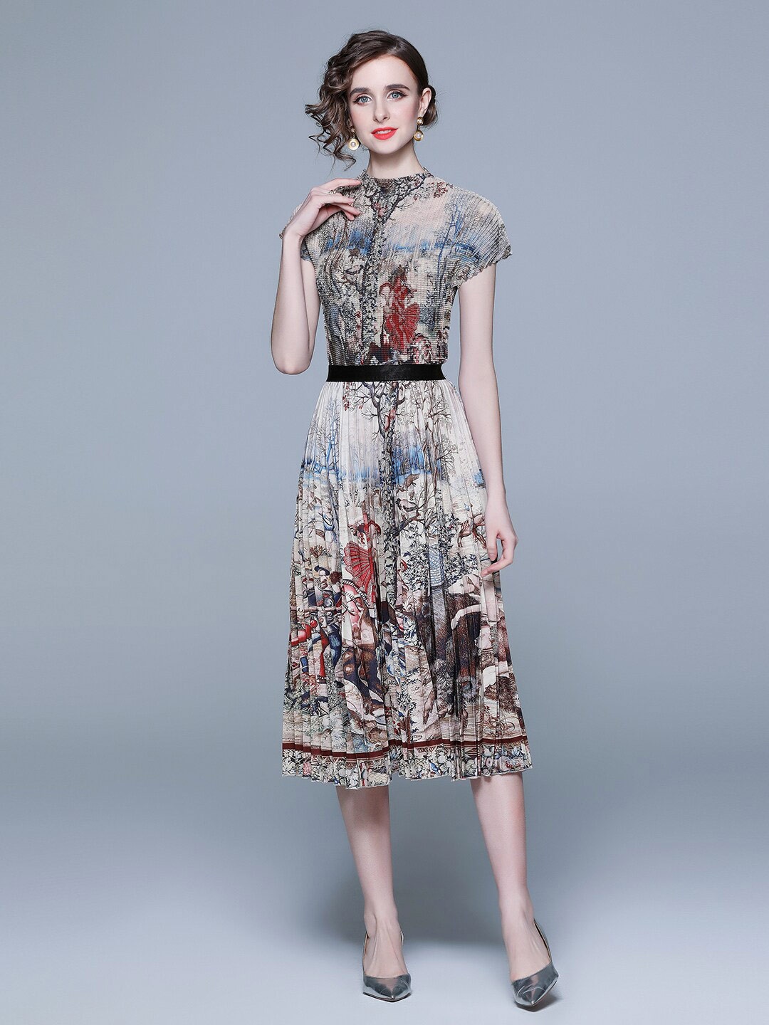 

JC Collection Women Printed Round Neck Top With Skirt, Beige