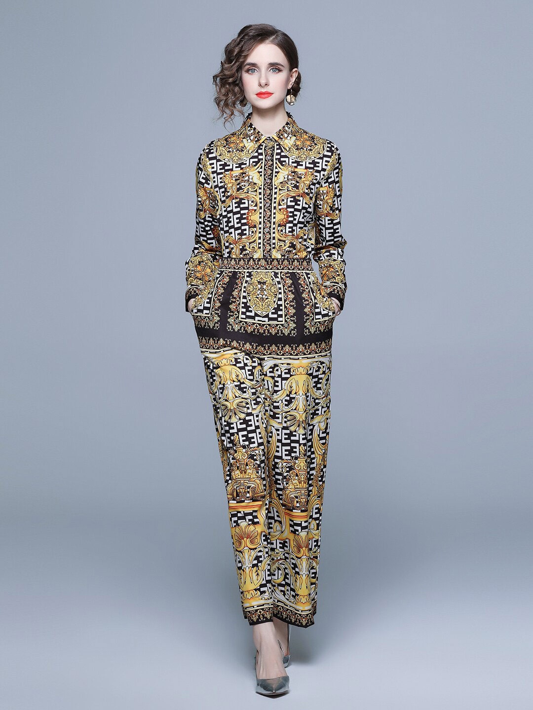 

JC Collection Printed Spread Collar Long Sleeves Shirt with Trousers Co-Ords, Black