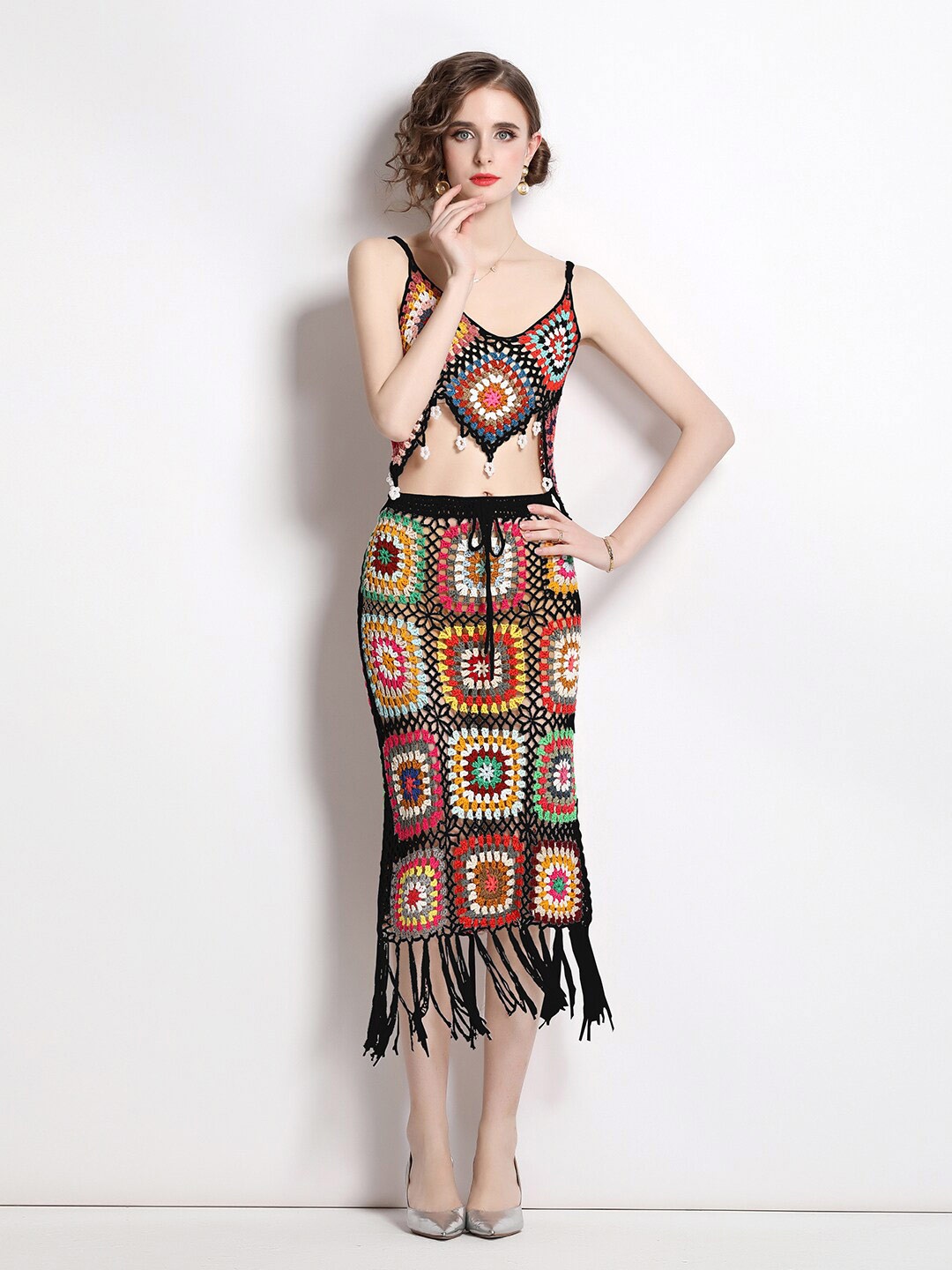 

JC Collection Self Design Shoulder Straps Crop Top with Skirt Co-Ords, Black