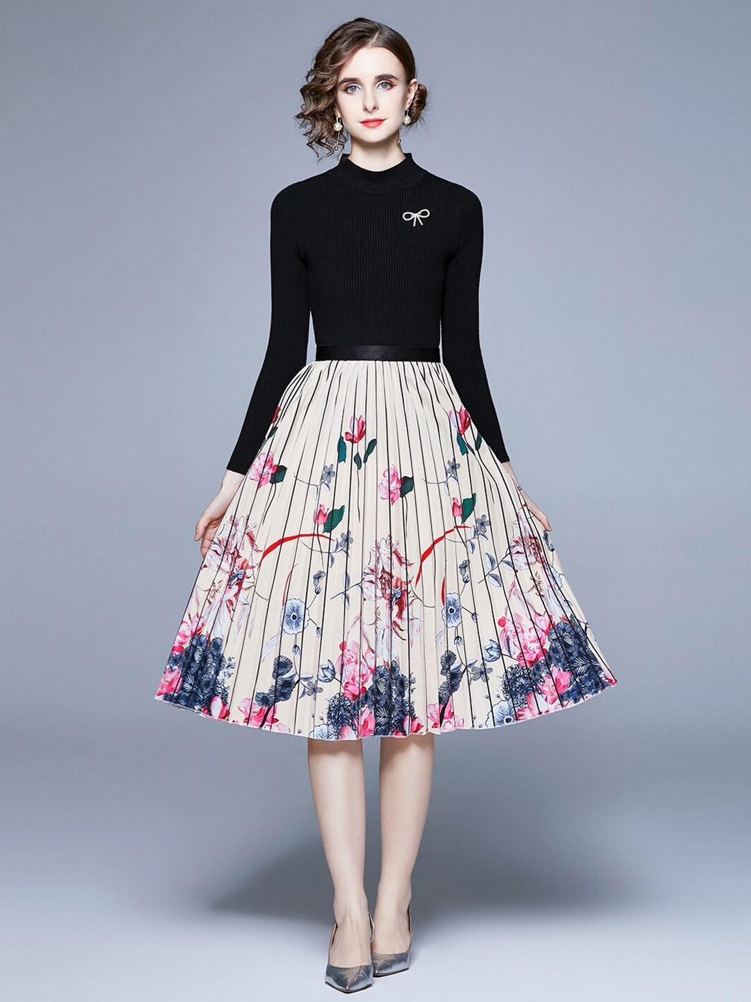 

JC Collection Printed Round Neck Top with Skirt, Black