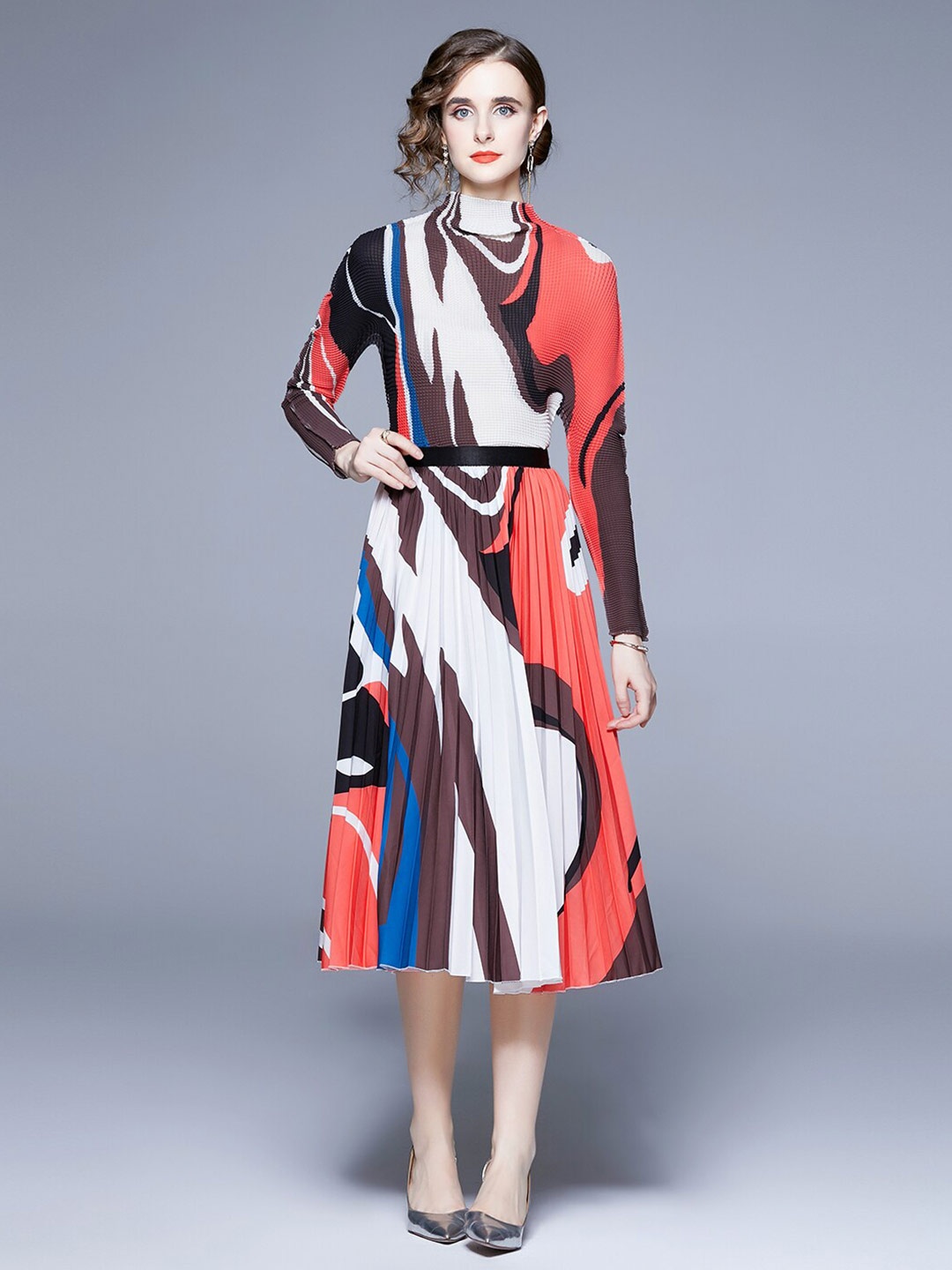 

JC Collection Printed Round Neck Top with Skirt, Black