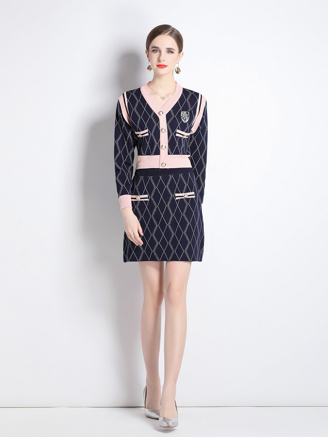 

JC Collection Checked V-Neck Long Sleeves Top with Skirt Co-Ords, Navy blue