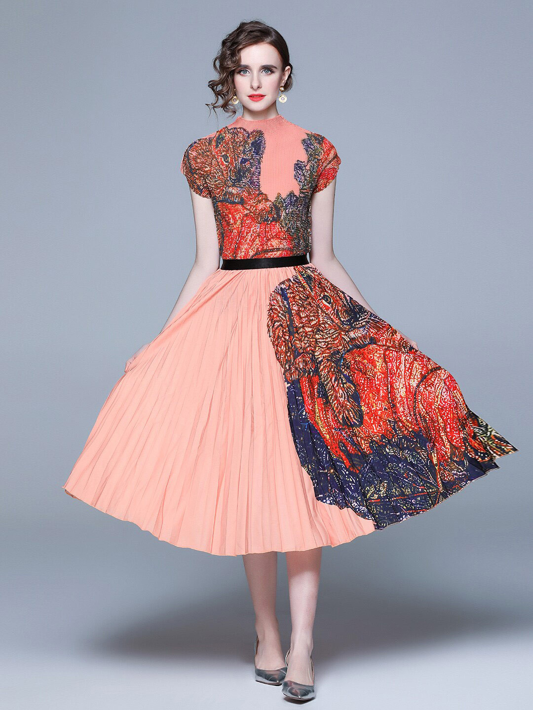 

JC Collection Printed Round Neck Top with Skirt, Orange