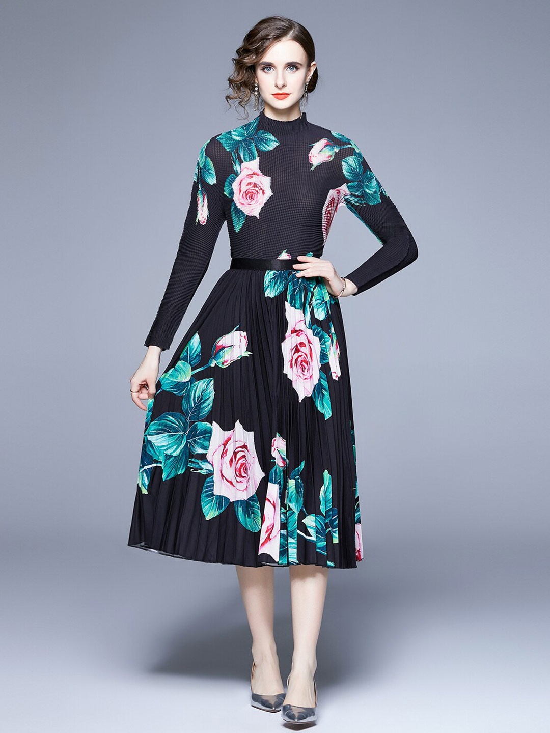 

JC Collection Women Flower Printed Round Neck Top With Skirt, Black