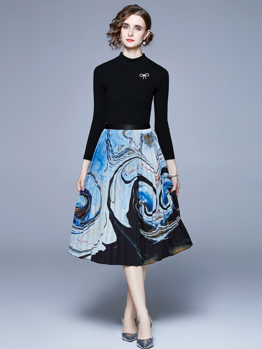 

JC Collection Round Neck Printed Top with Skirt, Black