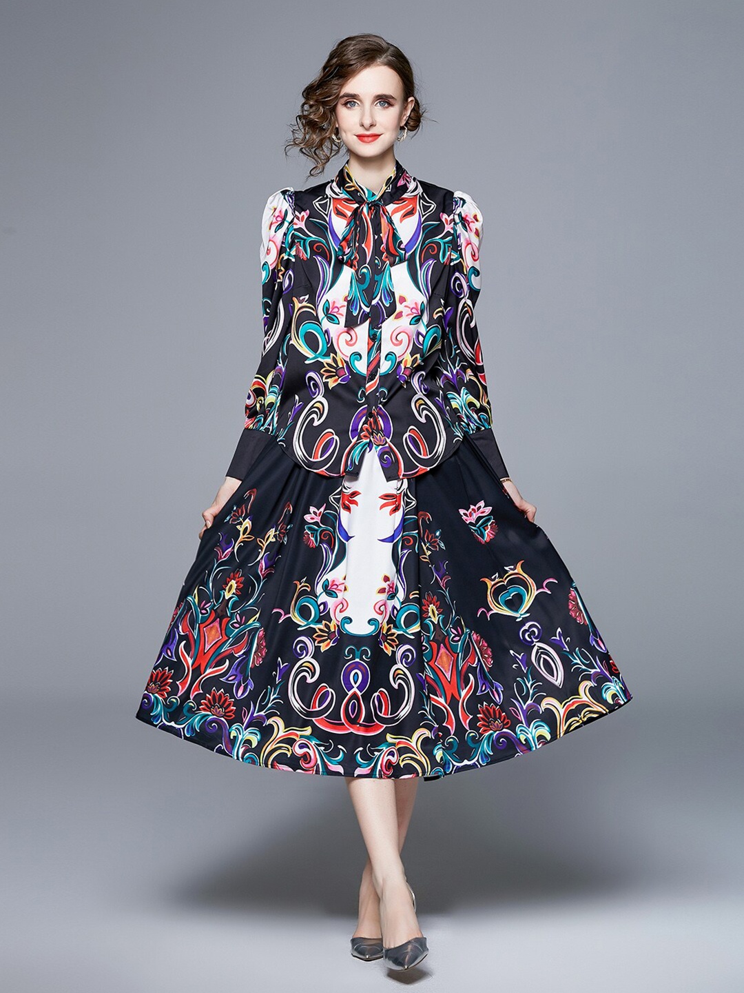 

JC Collection Printed Shirt with Skirt, Black