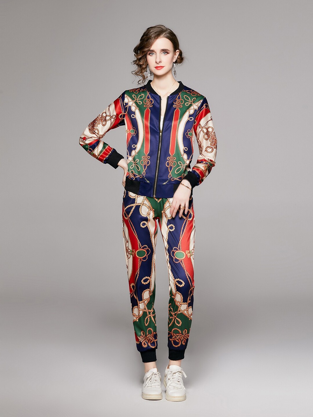 

JC Collection Printed Long Sleeves Jacket with Trousers Co-Ords, Navy blue