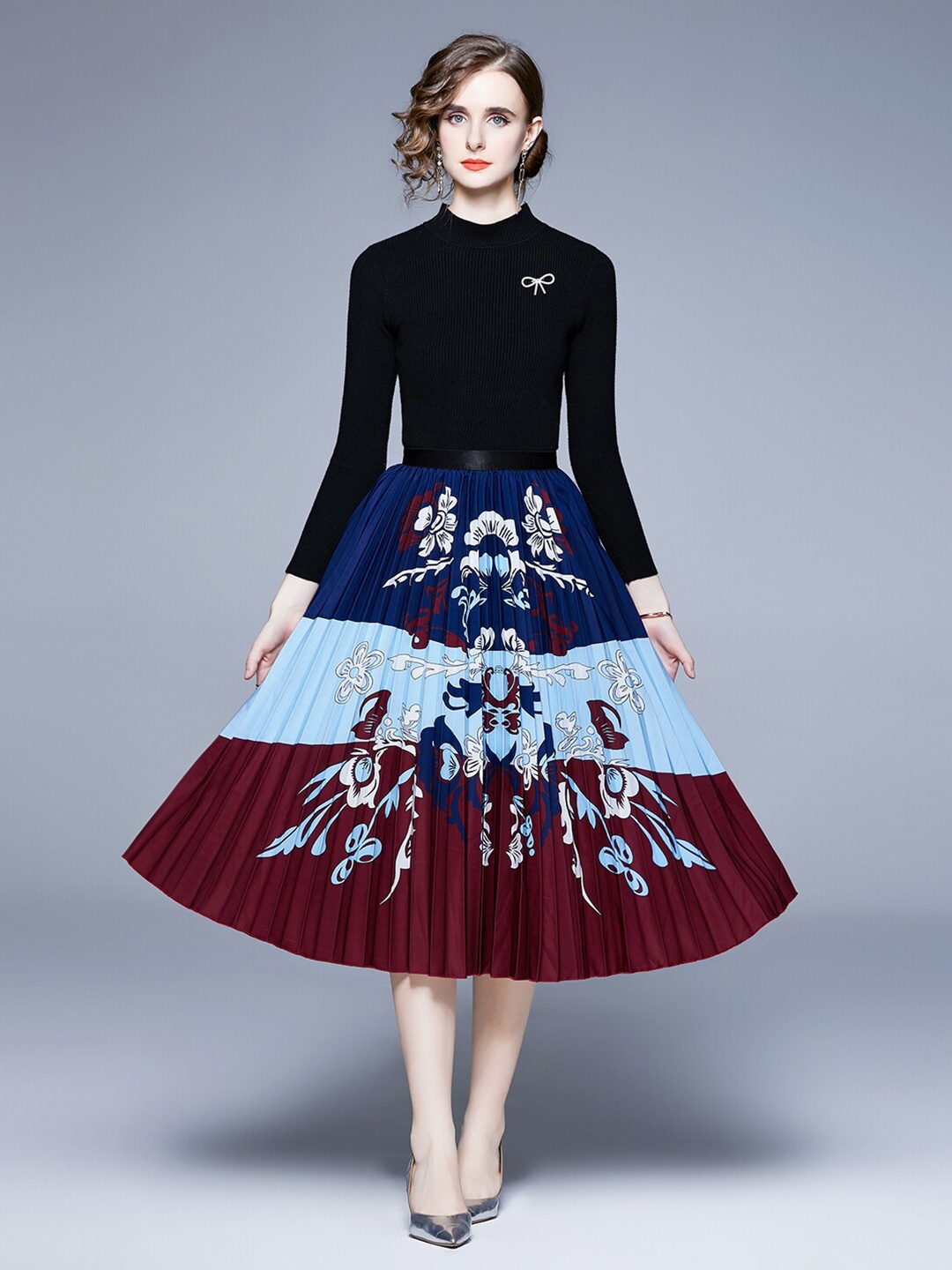 

JC Collection Floral Printed Top with Skirt, Black