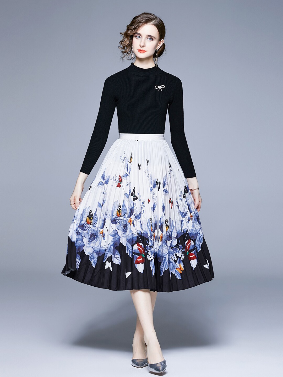

JC Collection High Neck Long Sleeves Top With Skirt Co-Ords, Black