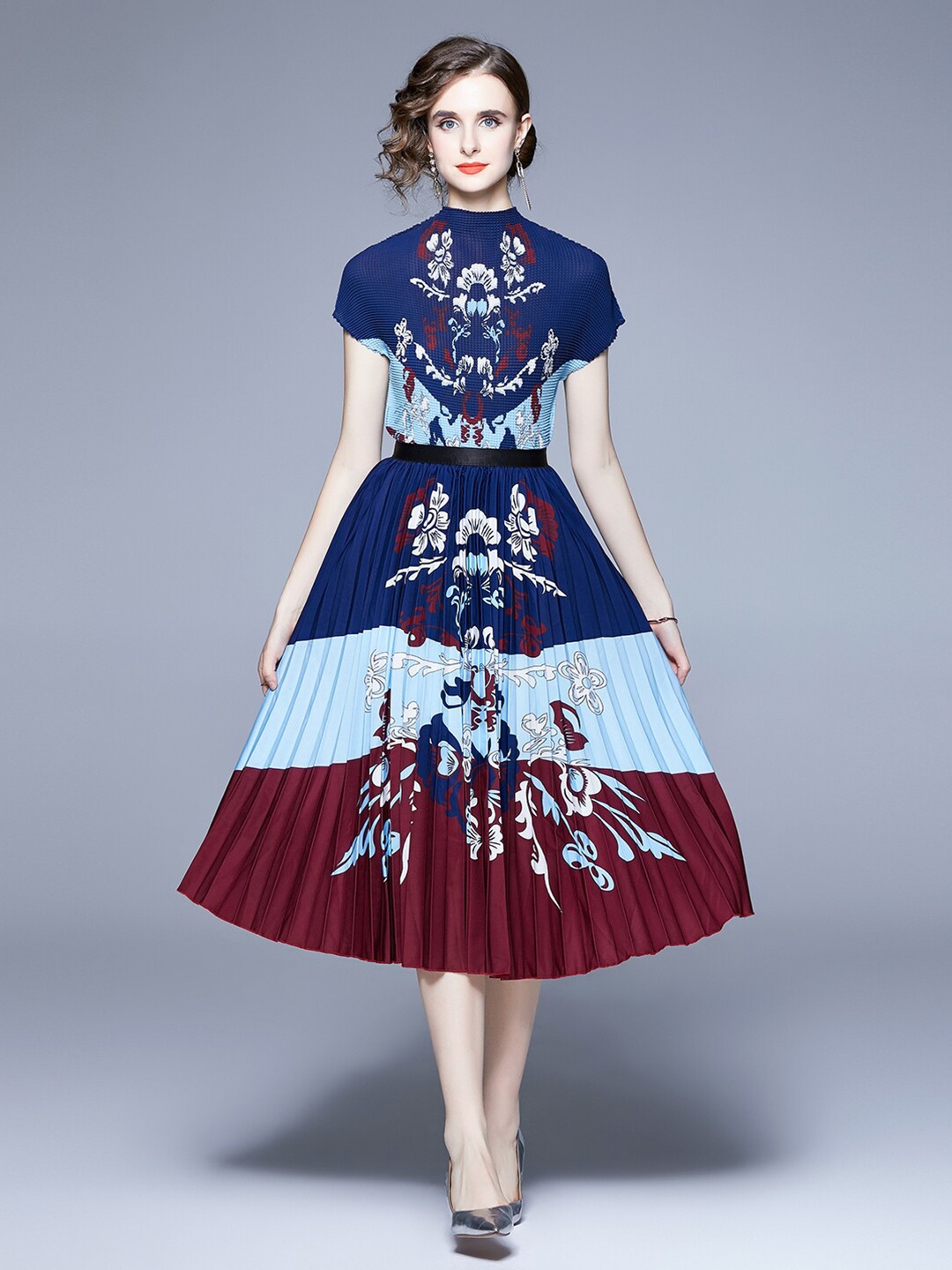 

JC Collection Printed High Neck Short Sleeves Top With Skirt Co-Ords, Blue