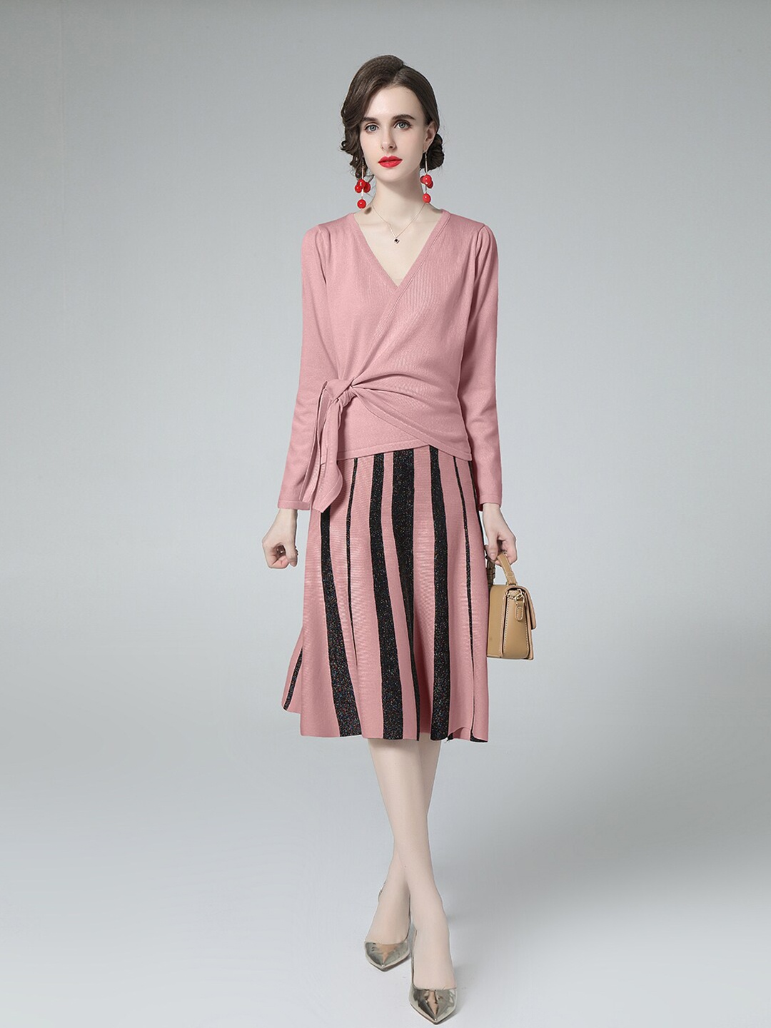 

JC Collection Tie-Up Detail V-Neck Top with Striped Skirt, Pink