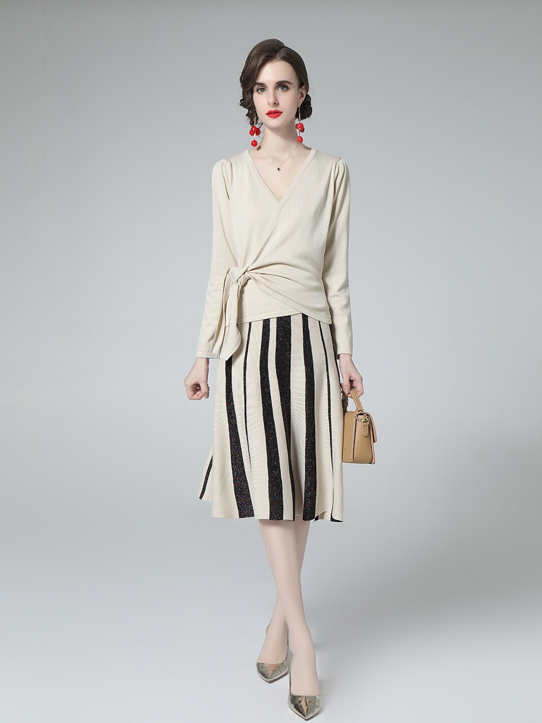 

JC Collection V-Neck Wrap Top with Skirt, Beige