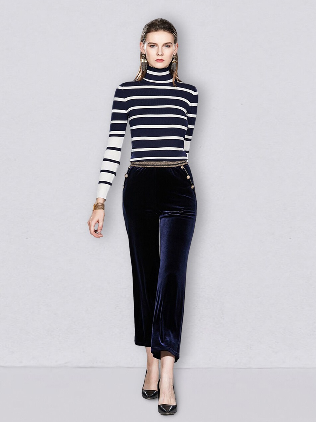 

JC Collection Women Striped Top with Trousers, Navy blue