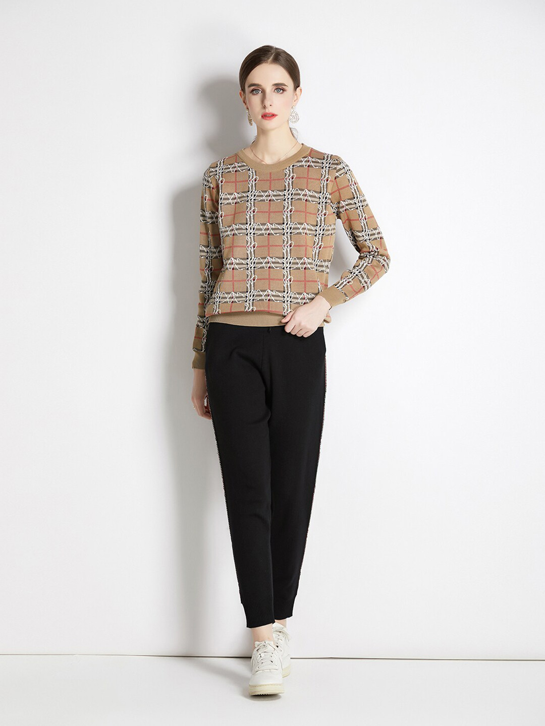 

JC Collection Women Checked Top with Trousers, Beige